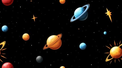 Fototapeta premium cute rocket and space seamless concept. Colorful planets and stars scattered in a dark space background.
