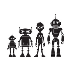 Silhouette of four robots in different sizes and shapes standing in a row, showcasing a variety of robot designs and styles, perfect for technology and robotics themes