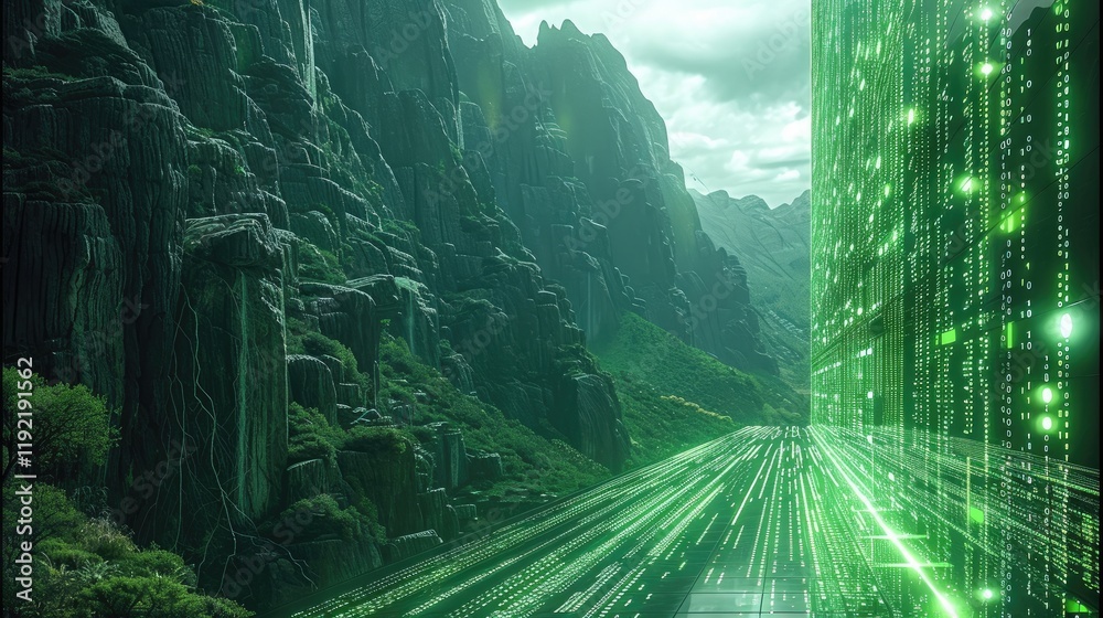 Poster digital shiny data green center in mountain, tech.