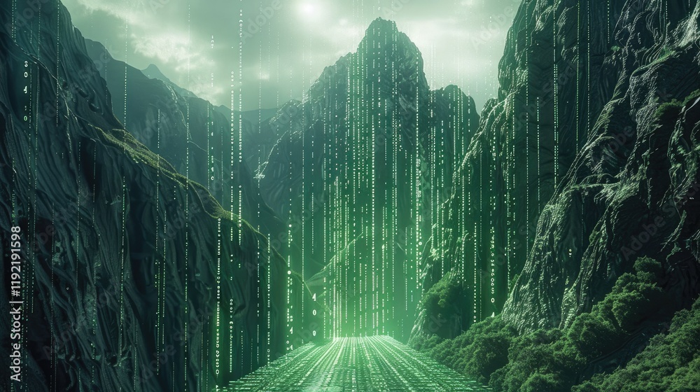 Aufkleber digital shiny data green center in mountain, tech.