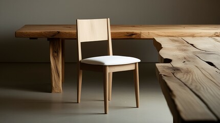Simple wooden dining chairs, with straight backs and white cushions, surrounded by a natural colored wooden table.