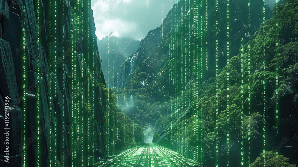 Aufkleber digital shiny data green center in mountain, tech.