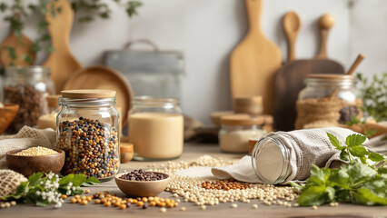 Rustic Kitchen Still Life with Baking Ingredients in Glass Jars and Wooden Bowls on a Cozy Table