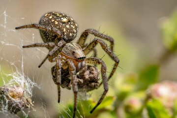 Close up of a spider weaving its web in a blurred garden at dusk, highlighted by soft sunlight