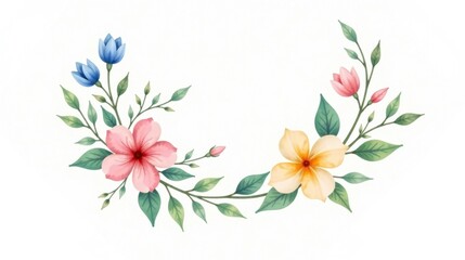 Delicate watercolor floral arrangement featuring pastel pink, yellow, and blue blossoms, lush green foliage, and budding flowers, perfect for design projects needing a touch of springtime elegance.