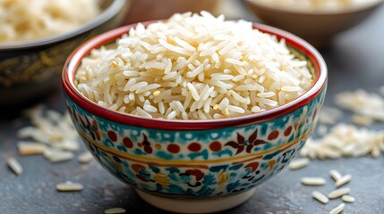A Decorative Bowl Filled With Cooked White Rice