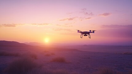 Fototapeta na wymiar A futuristic drone hovering calmly as the sun dips below the horizon, bathing the scene in golden and purple light.