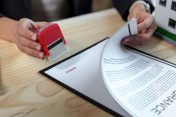 Close-up of female hands stamping approved on a contract, finalizing a successful business deal in...