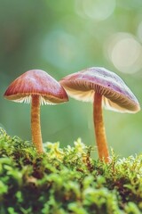 Fototapeta premium Two mushrooms growing on moss, with a green background