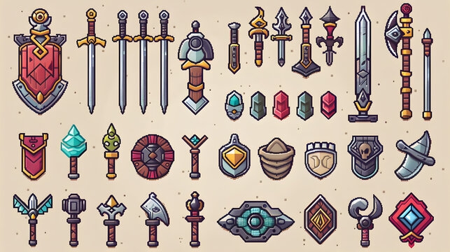 Pixel Art Game Assets  Swords  Shields  Weapons  Gems