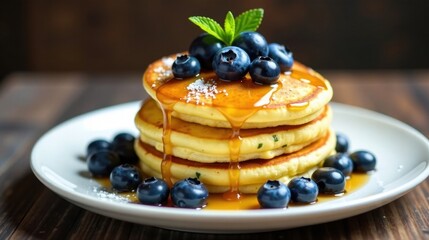 A delectable stack of fluffy pancakes, generously drizzled with golden syrup and adorned with fresh blueberries and a sprig of mint, served on a pristine white plate
