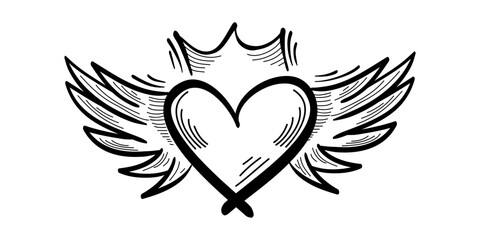 Doodle hearts with wings and crown. hand drawn style. love symbol illustration. isolated on white background