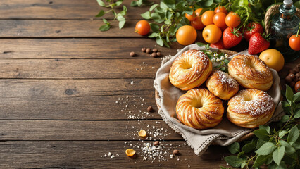 Sweet Sugary Baked Pastries with Fruit and Nuts on a Wooden Table
