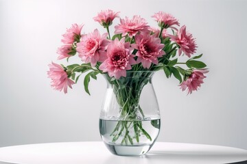 Fototapeta premium Pink chrysanthemum flowers in a glass vase with a beautiful bouquet arrangement on white background