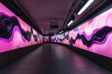 Futuristic subway station tunnel with led waves and digital art in a solitary environment