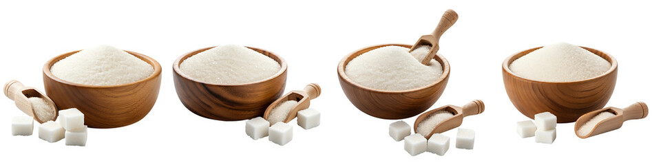Wooden Bowls of Granulated Sugar, Cubes & Scoops