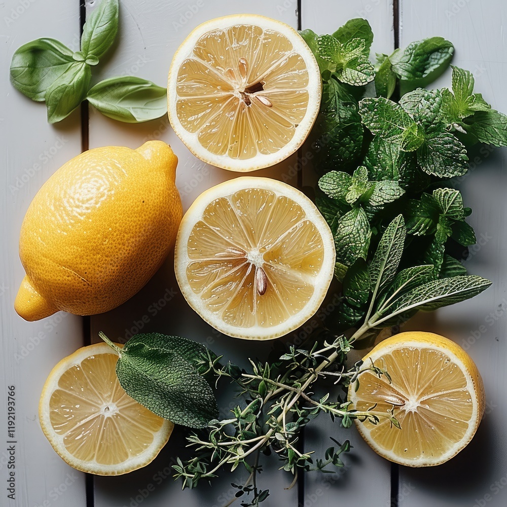 Poster fresh herbs and lemon slices casually spread out. top view.