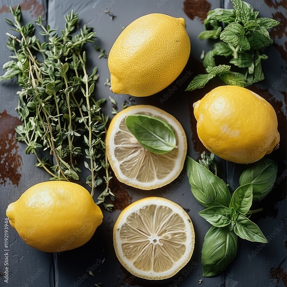 Poster fresh herbs and lemon slices casually spread out. top view.
