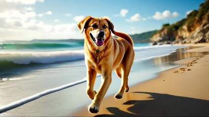 A joyful fox red labrador running along a beach, enjoying the sun and waves.