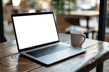 High Definition Picture of Laptop Psd Mockup with Coffee Mug on Wooden Table