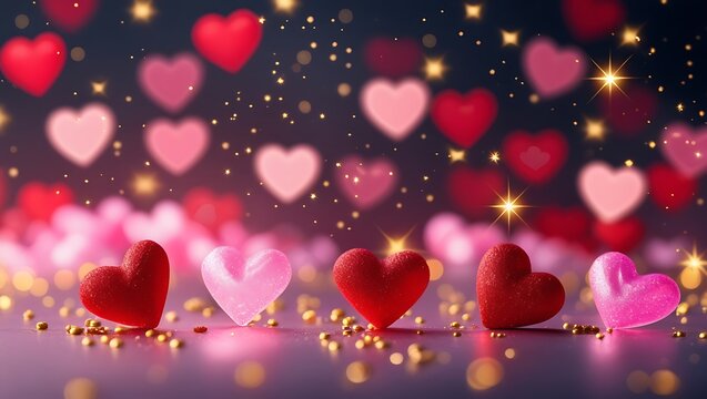 Romantic Valentine's Day scene with glowing heart-shaped bokeh lights and soft red and pink hues creating a dreamy and magical festive ambiance - Powered by Adobe
