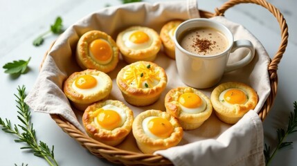 A delightful collection of savory egg-in-a-hole pastries, served in a rustic basket with a warm beverage.