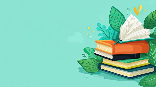 Books stacked among greenery highlighting the joy of reading and learning in a serene environment