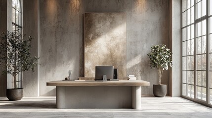 "Modern Minimalism: A Serene Workspace Enhanced by Abstract Elegance"