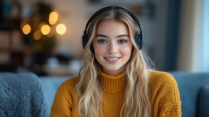 Young woman with headphones enjoys music in cozy, well-lit living space during evening hours