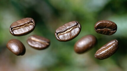 Floating Coffee Beans on a Natural Background, Capturing the Essence of Freshly Roasted Coffee with Rich Colors and Textures for Coffee Lovers and Enthusiasts