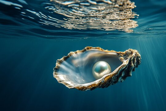 Captivating oyster shell floating in blue waters, showcasing a gleaming pearl in natural light