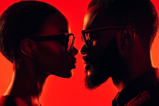 Close up movie poster of a black couple in glasses against a red background with minimalist design - Powered by Adobe