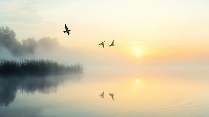 Fototapeta premium Serene Sunrise Over Misty Lake with Flying Birds and Reflections on Calm Water Surrounded by Lush Greenery in a Tranquil Natural Setting
