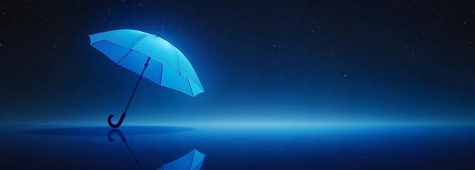 Blue umbrella illuminated by soft light in the dark