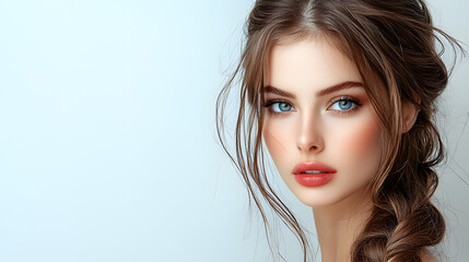 Naklejka premium Serene Beauty: A young woman with captivating blue eyes and a sophisticated braided hairstyle gazes directly at the camera, exuding natural beauty and confidence.