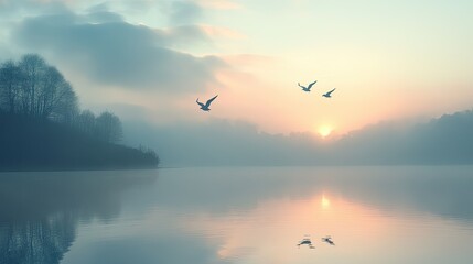 Fototapeta premium Serene Misty Morning Landscape with Silhouetted Birds Flying Over Calm Waters at Sunrise, Capturing Tranquility and Natural Beauty in Soft Pastel Hues