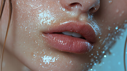 Obraz premium Close-up of Woman's Lips and Face with Water Droplets: A sensual and artistic close-up shot focusing on a woman's lips and face, delicately adorned with glistening water droplets.