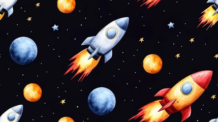 Naklejka premium cute rocket and space seamless concept. Colorful rockets soaring through space, surrounded by planets and stars on a dark background.