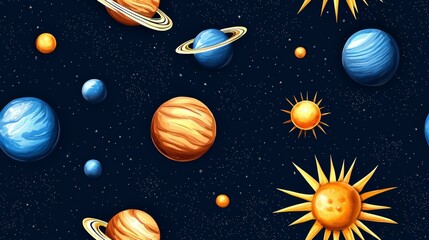 cute rocket and space seamless concept. Vibrant illustration of planets and the sun in a starry space background.