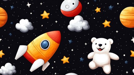 Fototapeta premium cute rocket and space seamless concept. Colorful space-themed illustration featuring a rocket, clouds, stars, and a teddy bear against a dark background.