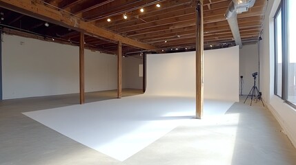 Fully equipped photography studio with softbox lights, tripods, and a white backdrop, ready for shooting