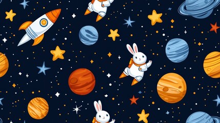 cute rocket and space seamless concept. Colorful space-themed pattern featuring bunnies, rockets, and planets on a dark background.