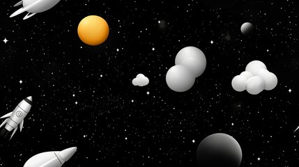 Fototapeta premium cute rocket and space seamless concept. Colorful space scene featuring rockets, planets, and clouds against a starry background.