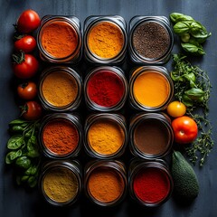 Naklejka premium Vibrant Spice Pantry with Fresh Herbs and Aromatic Dried Ingredients