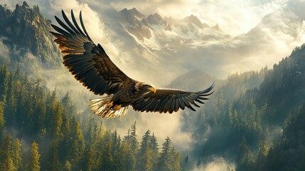 Majestic eagle soaring over mountainous landscape with lush pine forests and misty peaks at sunrise