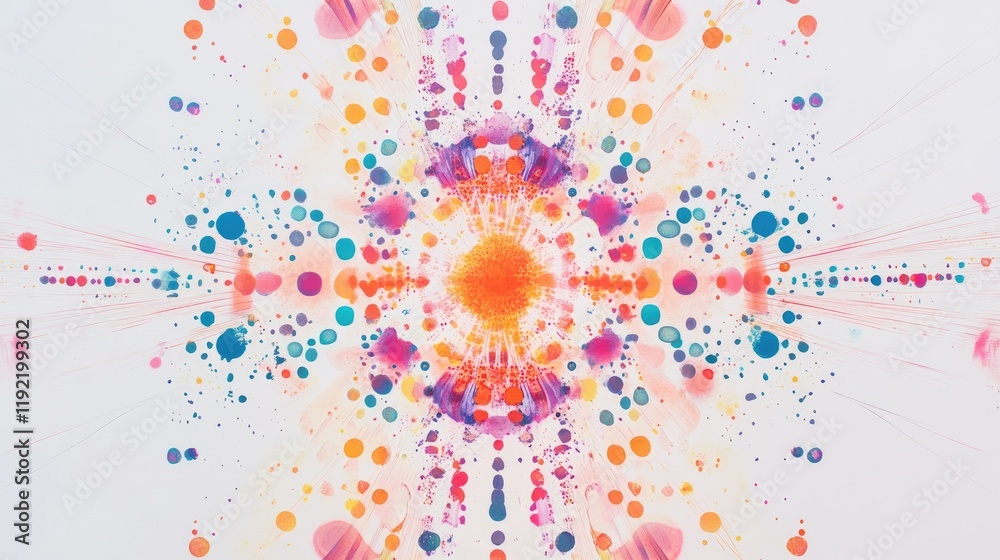 Poster vibrant abstract artwork with colorful splashes and dotted patterns radiating from the center creati