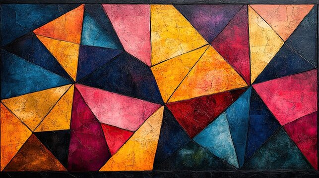 Colorful geometric abstract art with dynamic shapes and vibrant hues hanging on a wall