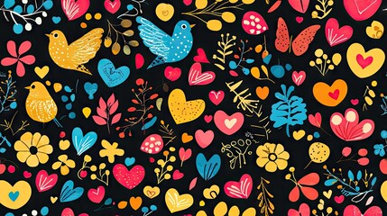 Colorful birds, hearts, flowers pattern; romantic, Valentine's Day design; background texture for cards