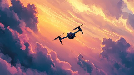 Fototapeta premium High-tech drone mid-flight, reflecting golden sunset rays, gliding through streaks of pastel-colored clouds.