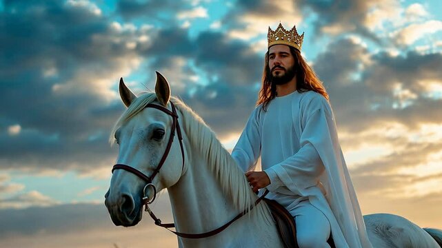 Jesus Christ oh white horse back wearing gold crown